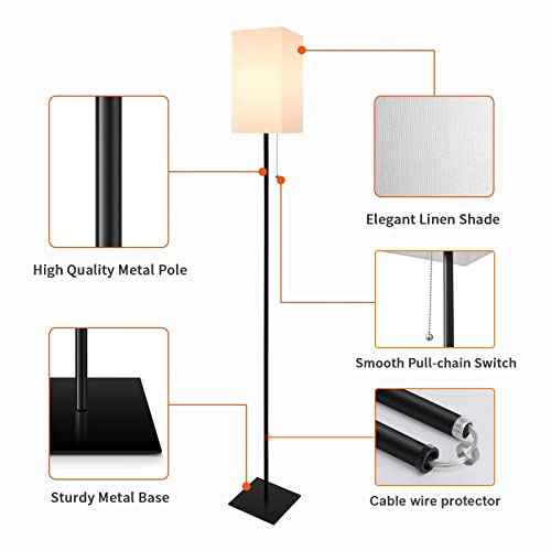 Floor Lamp for Living Room, Modern Standing Lamp for Bedroom with Linen Shade, Black Corner Floor Lamp for Office Kids Room, Bulb Included