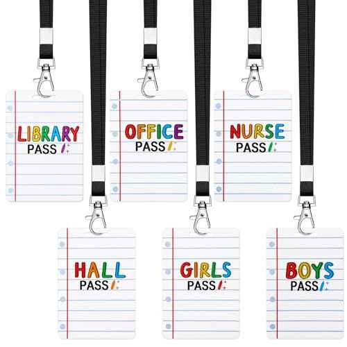 Sabary 6 Sets Pass Lanyards School Passes Wooden Hall Pass Set for Teachers and Classroom Supplies Including Hall Passes of Nurse, Restroom, Library, Office