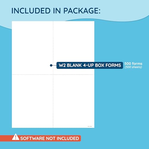 Blank 2025 W2 4-Up Box Format, 500-pack, 500 Employee Forms, Designed for QuickBooks and Accounting Software, Ideal for E-Filing, Works with Laser or Inkjet Printers, 500 Four Part Forms