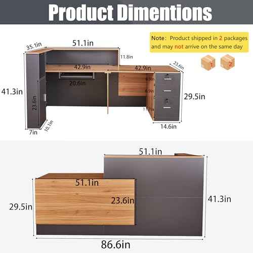 L Shaped Reception Desk with Lockable Drawers and Adjustable Filling Cabinet,Modern Front Desk Reception Counter with Keyboard Tray and Storage Cabinet for Checkout,Lobby,Beauty Salon