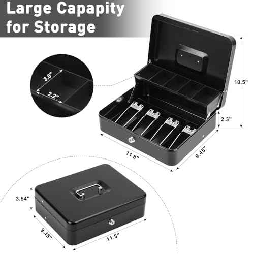 KYODOLED Locking Cash/Money Saving Organizer Box with Lock Safe with Key and Cash Tray, Black, 11.81Lx 9.45Wx 3.54H inches, XL Large