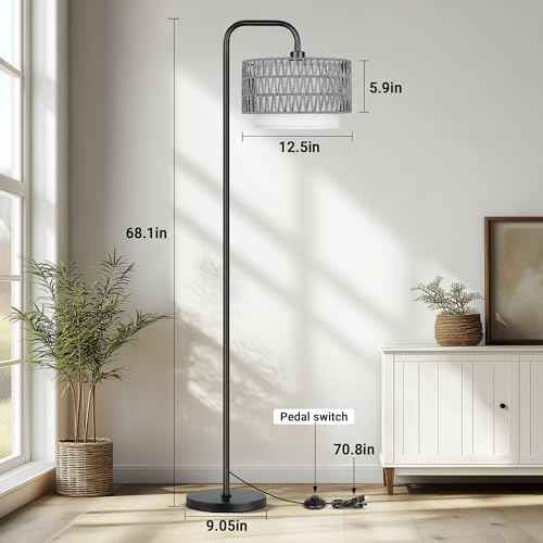 PARTPHONER 68¡®¡¯Floor Lamp for Living Room, Tall Standing Lamp with Remote 3 Color Temperatures Dimmable Bulb, Gray Rattan and Fabric Dual Shades