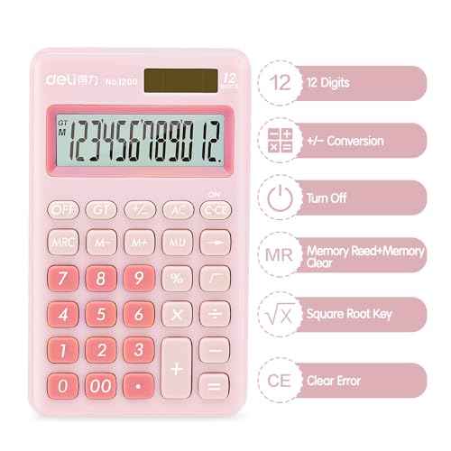 Deli Standard Function Basic Calculator, 12 Digit Desktop Calculator with Large LCD Display, Solar Battery Dual Power Office Calculators, Pink