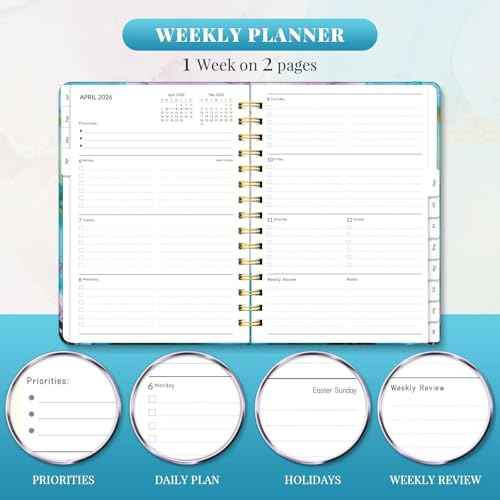 2026 Planner, A5 Weekly and Monthly Planners with Tabs, Spiral Bound Daily Calendar 2026 Planner, Agenda Organizers from Jan. to Dec., Hardcover Habit Tracker Journal 6.18" x 8.5"(Cyan Marble)