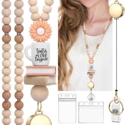 Teacher Lanyard with Id Holder, Retractable Lanyards for Id Badges Keys, Cute Natural Wooden Beaded Lanyard for Women