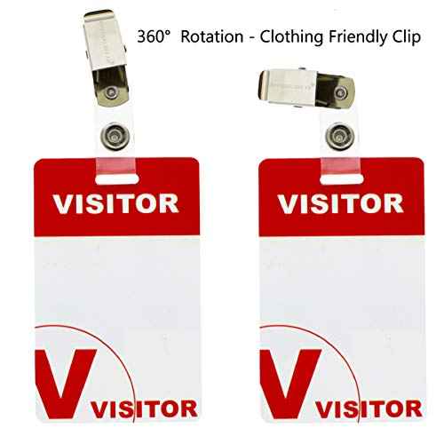 Bulk 25 Pack - Heavy Duty Visitor Badges with Clips - Reusable & Re-Writable - Durable PVC Plastic Printed Guest Name Badge Pass for Visitors with Clothing Friendly ID Holder Clip, by Specialist ID