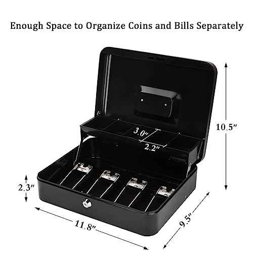 Jssmst Large Cash Box with Money Tray and Lock - Locking Safe Money Box for Small Business, 11.8L x 9.5W x 3.5H Inches, Black, SM-CB0501L