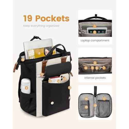 LOVEVOOK Laptop Backpack For Women Work Travel Backpack Purse, Nurse Bag College Backpack, Teacher Business Laptop Bag, Waterproof Wide Open Computer Back pack, 15.6 Inch, Black-Beige-Brown