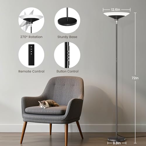 SIBRILLE Black 72-Inch LED Torchiere Floor Lamp with Remote & Dimmable Brightness