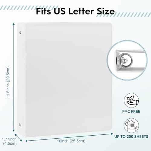 1-inch 3-Ring Binders, 1'' Round Rings Binder, US Letter Size 8.5 x 11'', 200 Sheet Capacity, ClearVue Presentation View, Non-Stick, White (1)