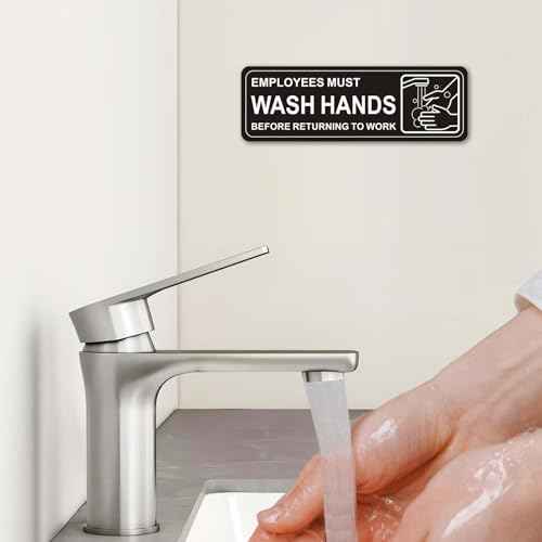 (4 Pack) Self-adhesive Employees Must Wash Hands Sign, 9" x 3" Durable Acrylic Hand Washing Signs with Symbols, for Business, Restaurant, Salons, Hotel, Motel, Rest Stops, Public Restrooms