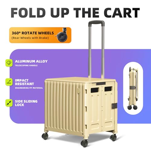 Folding Utility Cart with Wheels: Collapsible Rolling Carte for Teachers Handcart Shopping Trolley Portable Tool Box, All-Terrain Office Cart with Lid Basket Handle & Durable Frame