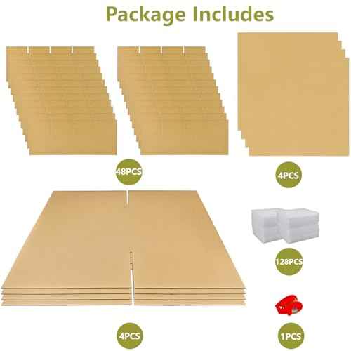4 Sets Moving Boxes with Divider Kits,16 x 16 x 13 Inch Glassware Dish Packing Box Kitchen Moving Box Corrugate Dividers with 128 Pcs Foam Pouches,1 Pcs Tape Rolls with Dispenser(Two Layer)