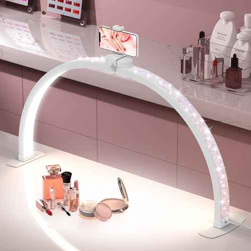Foldable Large Half Moon LED Light,29" Arch Light with Rhinestone-Encrusted for Table Nail Desk with Phone Stand, Upgrade Arch Light for Nail Techs (White, Large)