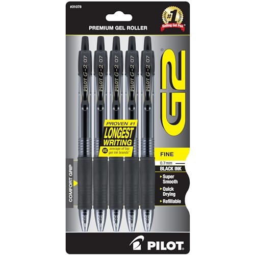 Pilot G2 Premium Gel Pens Fine Point 0.7mm Black Ink 5-Pack - Refillable, Smooth Writing