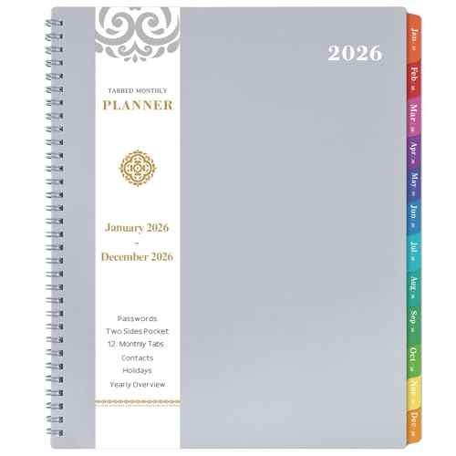 2026 Monthly Planner - 2026 Planner, JAN. 2026 - Dec. 2026, 8.5" x 11" Monthly Planner/Calendar, 12-Month Planner with Tabs & Pocket & Label, Contacts and Passwords, Thick Paper, Twin-Wire Binding - Grey