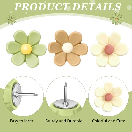 Sawysine Flower Push Pins 60Pcs with Storage Box - Coffee Beige Green