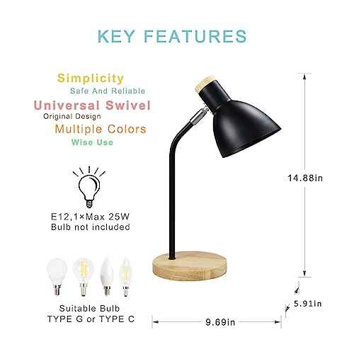 Lampwell Helle Black Office Desk Lamp for Home Office Bedrooms,Wood Base,Kids Girls Student Desk Lamp,9.69¡¿5.91¡¿H14.88IN,Bulb Excluded