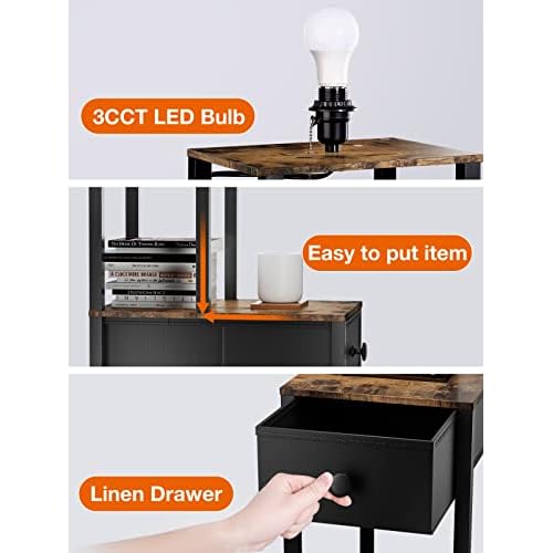 addlon Floor lamp with 2 USB, 1 Outlet and Drawer, 3 Color Temperatures LED Bulb (9W), Sofa lamp with White lampshade, Display Floor lamp with Shelves for Living Room, Bedroom and Office - Brown