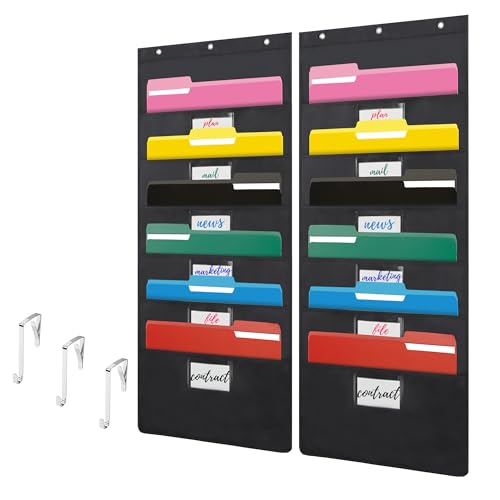 Black Hanging Wall File Organizer with 6 Pockets,2 Packs Wall Hanging File Folder Organizer,Over the Door Storage Pocket Chart with 3 Metal Hangers, Space Saver for Office and Classroom
