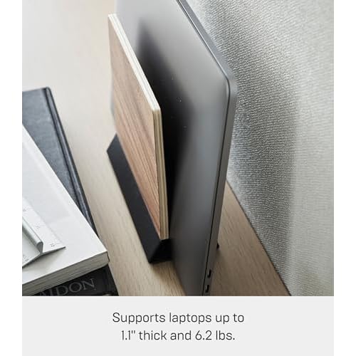 Yamazaki Home Rin Portable Laptop Holder Stand for Desk in Bedroom Or Office, Wooden Storage Station - Steel + Wood