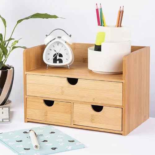 3 Drawer Bamboo Desk Organizer with Shelf ? Makeup Storage & Tabletop Organizer for Home Office, Workspace, or Bathroom ? No Assembly Required