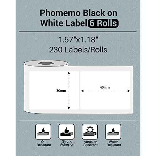 Phomemo 1.57"x1.18"(40x30mm) Label, 6 Rolls M110/M100/M150/M250/M220 Thermal Paper - Multi-Purpose Square Self-Adhesive Label, 230 Labels/Roll, Black on White