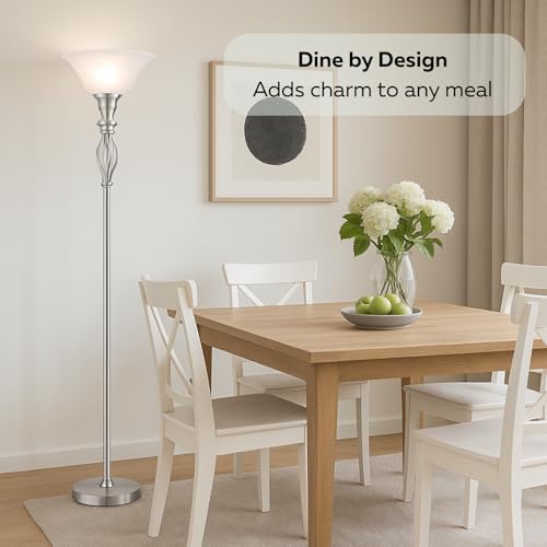 LIGHTACCENTS Torchiere Floor Lamp with White Alabaster Glass Shade ? Tall Standing Lamp with Iron Scrollwork and Brushed Nickel Finish ? Modern Floor Lamp for Living Room and Office