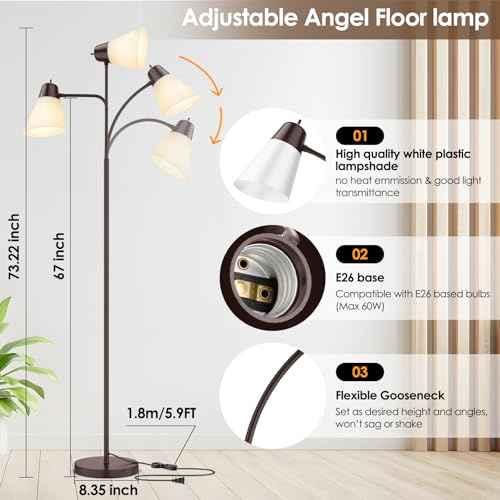 Floor Lamp for Living Room, Adjustable Gooseneck Standing Lamp with White Plastic Shade, Brown Reading Floor Lamps for Dorm, Bulb not Included