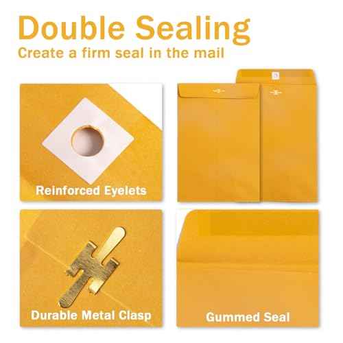 6x9 Clasp Envelopes - 100 Pack, Goefun Yellow Manilla Envelopes 6x9, 100GSM Heavy Kraft Paper, for Business, Legal, Office