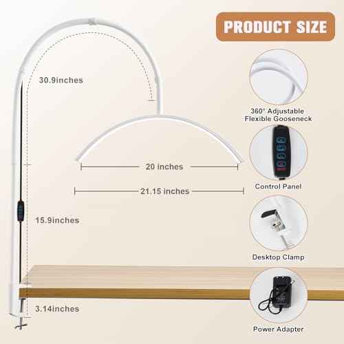 Nail Lamp Lash Light, 20In Wide 3 Light Modes Half Moon Light with 10 Brightness Levels, Adjustable Gooseneck LED Desk Lamp with Clamp for Eyelash Extensions, Skincare and Tattoo