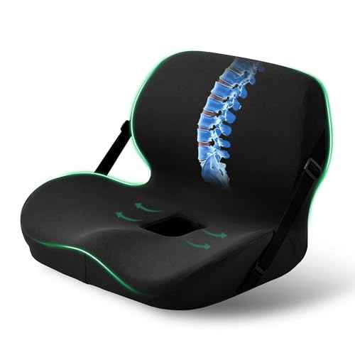 Memory Foam L-Shaped Seat Cushion with Lumbar Support & Adjustable Strap - Tailbone Pain Relief for Office Chair, Car, Home - Non-Slip Bottom, Breathable Mesh Cover (Black)