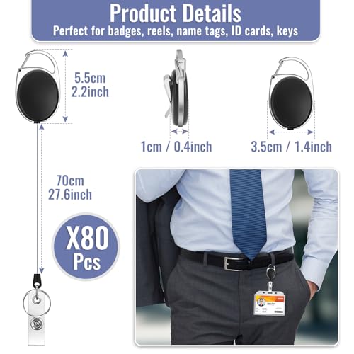 80 Pcs Badge Reels Retractable Bulk ID Badge Holders Retractable Lanyards with Carabiner Reel Clip for Keys, Badge Name Card Holders