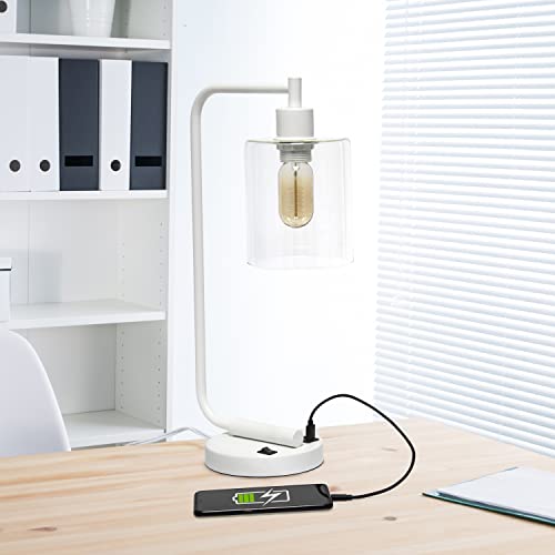 Simple Designs LD1066-WHT-LB Industrial Vintage Bronson Iron Lantern Desk Table Lamp with USB Port and Glass Cylinder Shade for Office, Living Room, Bedroom, White, with Feit LED Bulb Included