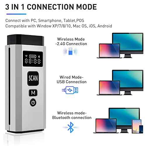 Bluetooth Scanner, Portable Barcode Scanner Wireless 1D 2D Barcode Reader 3 in 1 Wired & Bluetooth & 2.4G Wireless Connection Bar Code Scanners with TFT Screen Work for iOS, Windows, Android
