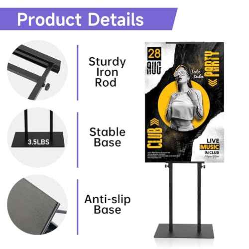 Poster Stand for Display - Double Sided Banner Board Holder w/ Non-Slip Heavy Duty Base, Adjustable Height Up to 80 inch, Standing Sign Holder for Foam Display (1 Pack)