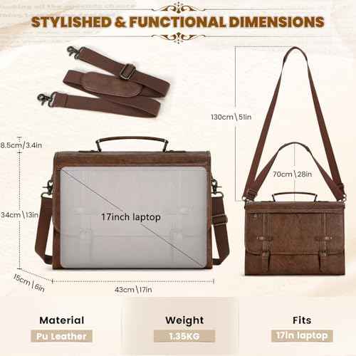 RAINSMORE Mens Messenger Bag 17 Inch Waterproof Vintage Leather Laptop Briefcase Large Computer Laptop Bag Satchel Bag Retro Shoulder Bag,Brown