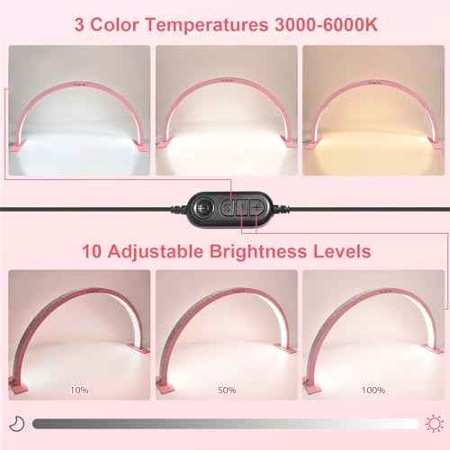 KADS 29In Wide Half Moon Nail Desk Lamp, Half Moon Light for Nail Desk, Lash Light for Eyelash Extensions with 3 Color Temperature 3000k-6500k for Nail, Lash, Tattoo, Skincare (Pink)