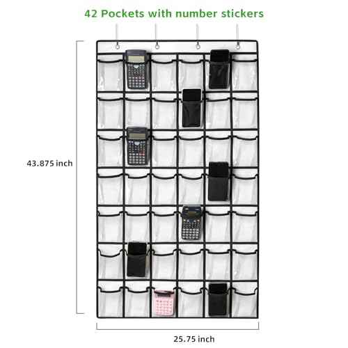 42 Clear Pockets Classroom Pocket Chart for Cell Phones and Calculator, Pocket Chart Organizer for Classroom Phone Storage Holder with 42 Number Sticker and Hooks (White)