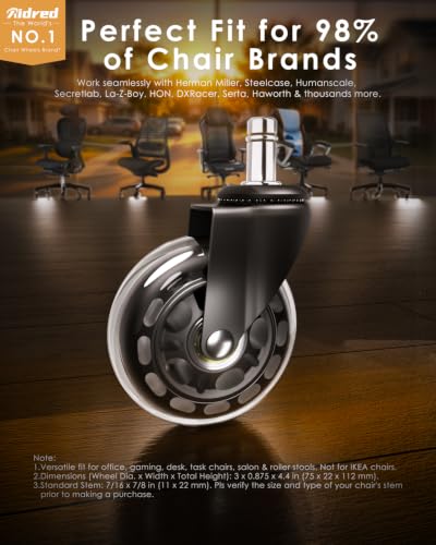 RidRed Transparent Office Chair Wheels - 3 Inch Replacement Rubber Casters, Heavy-Duty, Noise-Free, Universal Fit