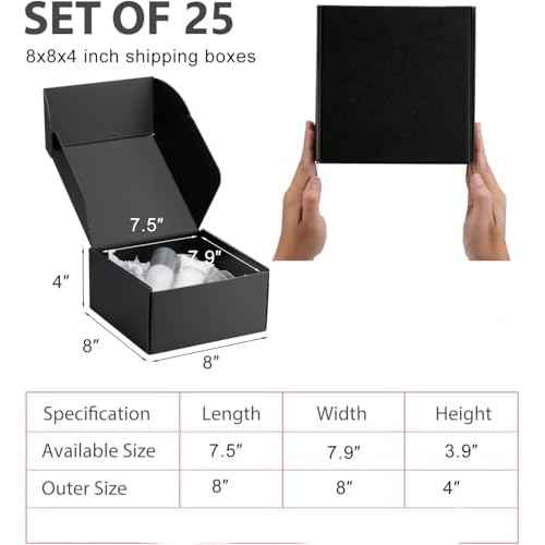 8x8x4 Black Shipping Boxes Small - 25 Pack Corrugated Cardboard Mailer Boxes for Packaging, Mailing, Gift Giving | Sturdy, Recyclable, Perfect for Small Business Supplies, Ecommerce