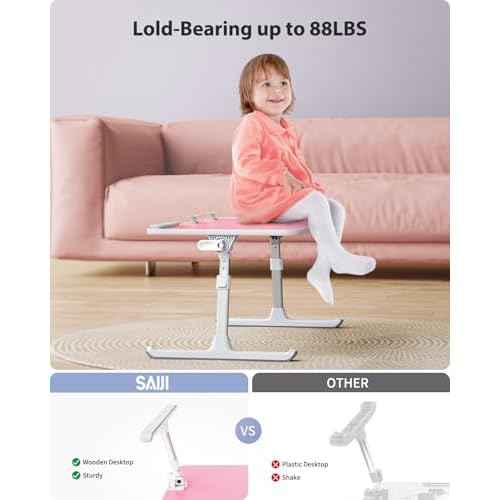 SAIJI Height & Angle Adjustable Laptop Stand for Bed, Lap Desk Bed Tray Table, Light Weight Foldable Portable Laptop Table for Couch Sofa Chair Floor Desk for Adults, Kids (Pink)