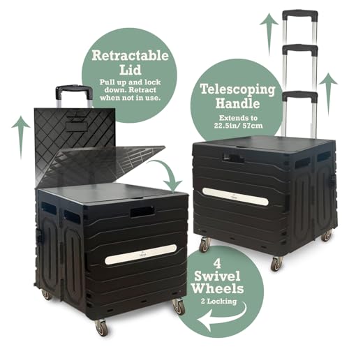 Inspired Living Collapsible Folding Utility Cart, Heavy-Duty Rolling Crate with 360¡Æ Wheels, Telescoping Handle, Hidden Lid, Holds 200 Lbs, Black