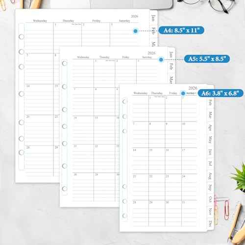 2026 Monthly Planner Refill, A5 Medium Size Planner Inserts for 7 Ring, 5.5" x 8.5", Jan. 2026 - Dec. 2026, 12 Monthly Calendars with Laminated Tabs, 7-Hole Punched