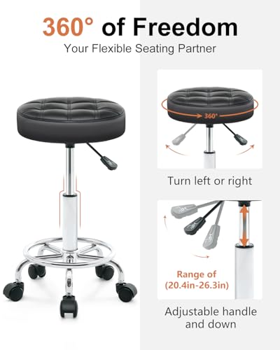ACFOUL Rolling Stool with Wheels, Black – Adjustable PU Leather Office Chair with Footrest