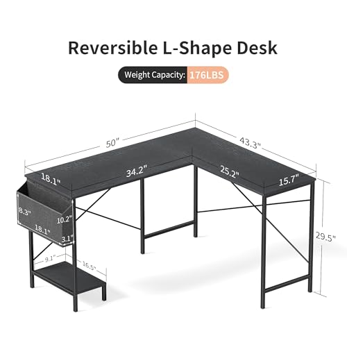 50-Inch Computer Gaming Corner L Shaped Desk, Sturdy Desk, Reversible Game Table Home Office Desk for Bedroom, Wood Top, Metal Frame, Side Bag, Easy to Assemble, mesa escritorio para computadora