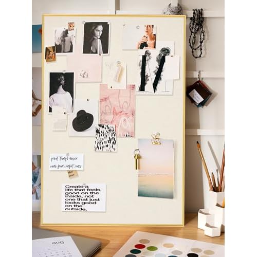 Bulletin Board 30 x 20 inches, Oatmeal White Pin Board, Golden Aluminum Framed Fabric Cork Board with 10 Push Pins
