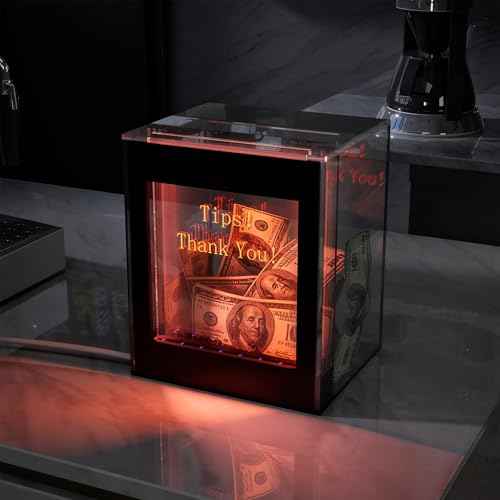 Lighted Up Tip Jar for Money with Lock and LED Light Acrylic Donation Box with Sign Holder ''Tips! Thank You!'' USB Powered Suggestion Box for Bartender Band Coffee Shop Restaurant