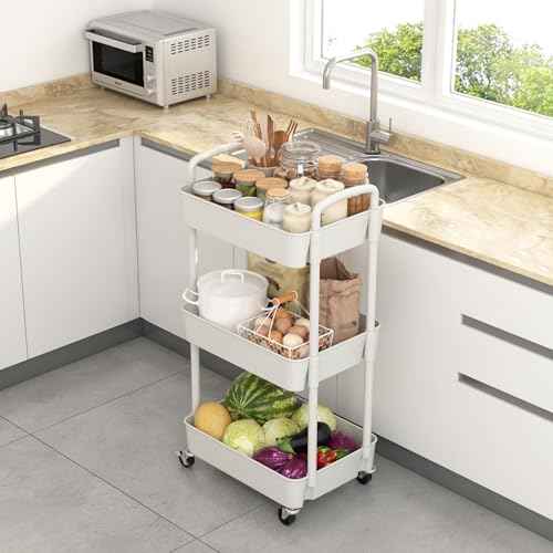Sywhitta 3-Tier Plastic Rolling Utility Cart with Handle, Multi-Functional Storage Trolley for Office, Living Room, Kitchen, Movable Storage Organizer with Wheels, White