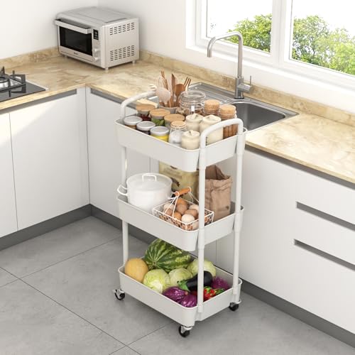Sywhitta 3-Tier White Plastic Utility Cart with Lockable Wheels for Storage